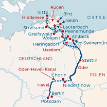 Routenkarte von Potsdam über die Ostsee nach Stralsund und umgekehrt