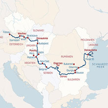 Routenkarte der 15 tägigen Flussreise ins Donaudelta